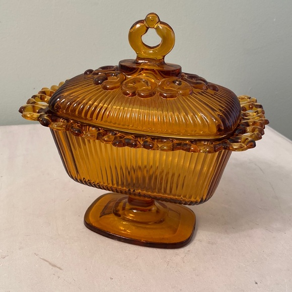 None Other - Amber glass square pedestal bowl with lid